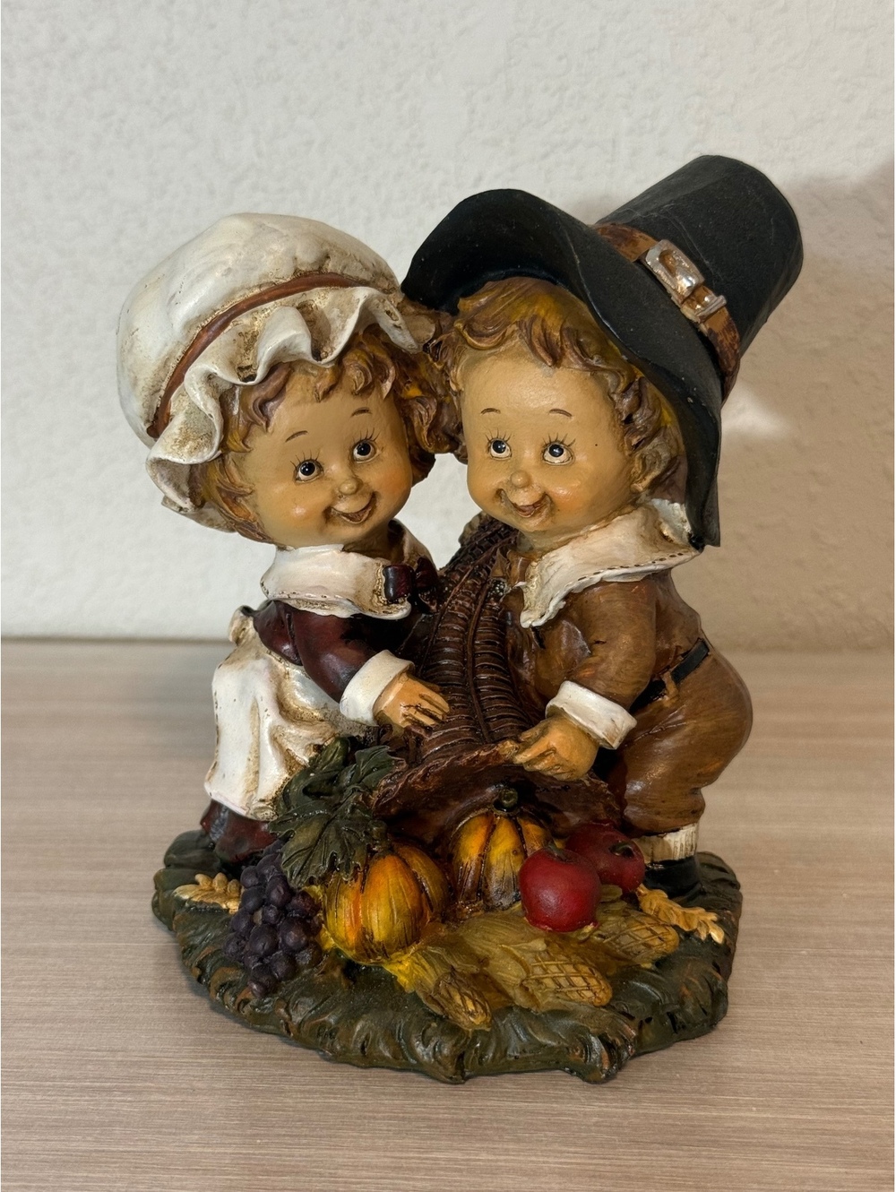 Vintage Thanksgiving Pilgrim Children Figurine with Cornucopia and Harvest